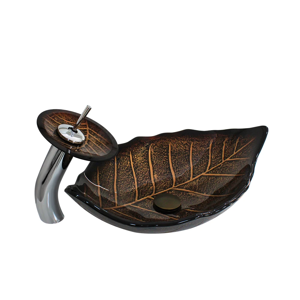 j* Antique Leaf Shape Bathroom Sinks Art Tempered Glass Washing Basin