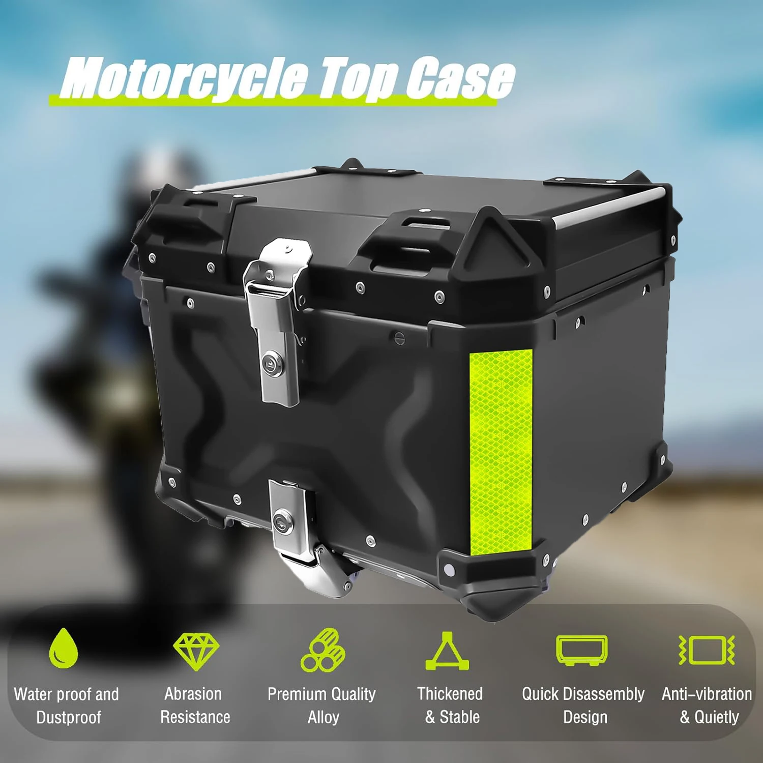 Universal Aluminum Black Motorcycle Tail Storage Box 45L 55L Motorcycle Trunk Rear With Reflective Design Waterproof Toolbox
