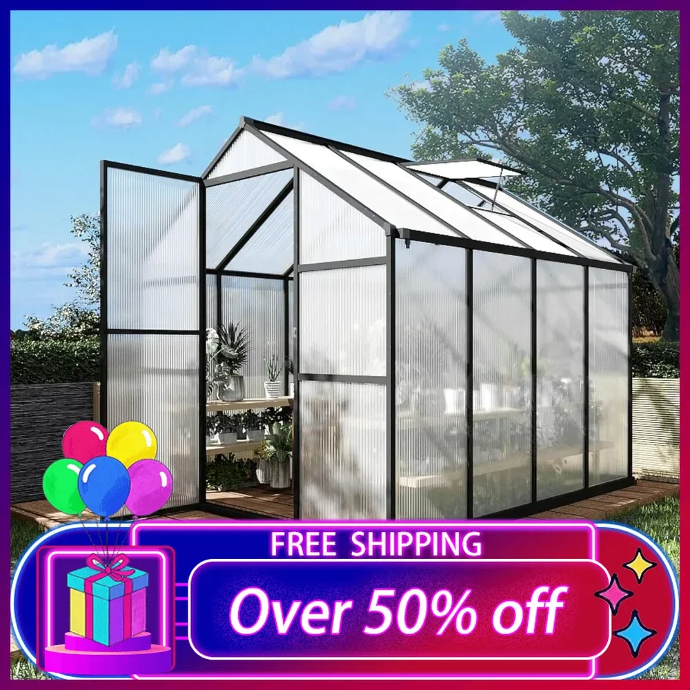 

8 x 8 FT Greenhouse for Outdoors, Polycarbonate Garden Backyard Greenhouse with Roof Vent, Aluminum Large Walk-in Greenhouse