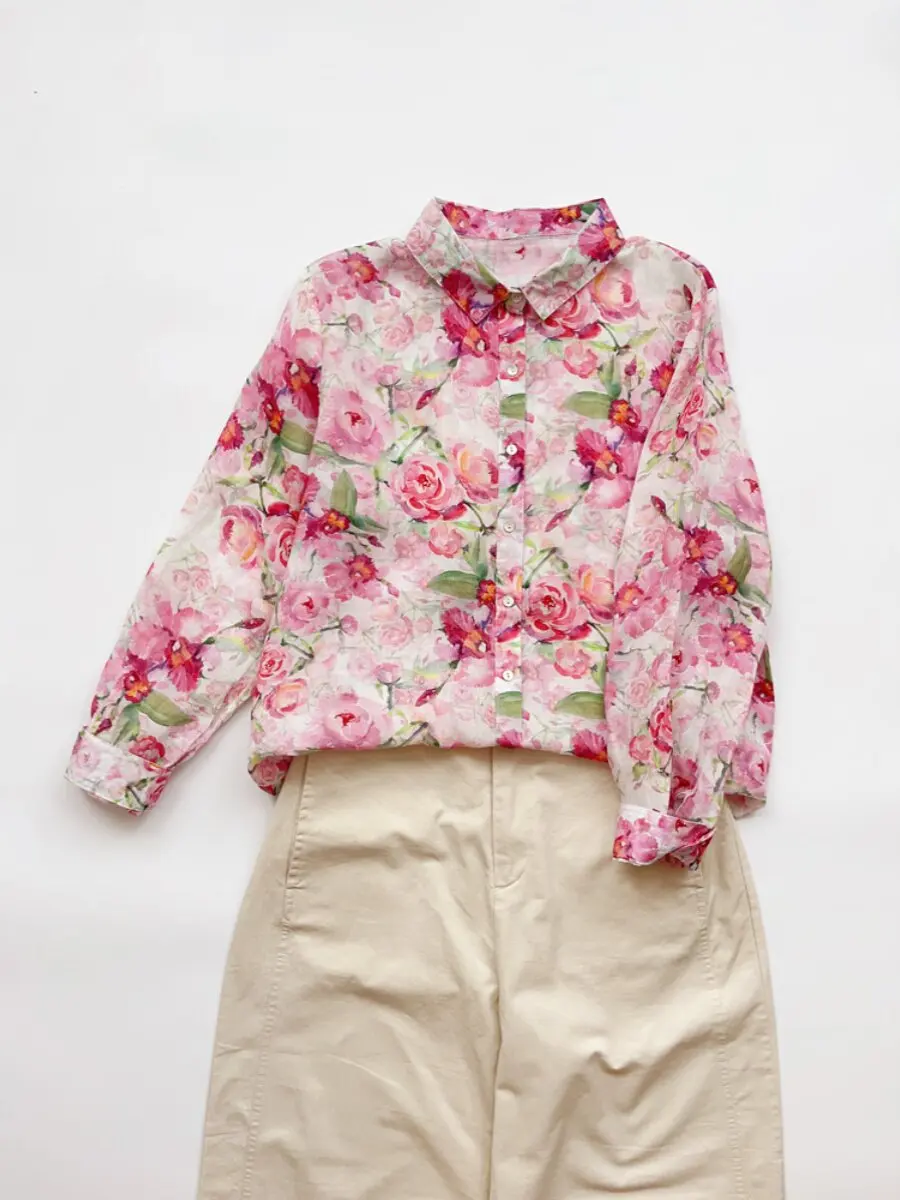 

Loose Long Sleeve Women's Shirt Floral Print Cotton French Style Pear Shape Fit mid Length Single Button Closure Ladies Top