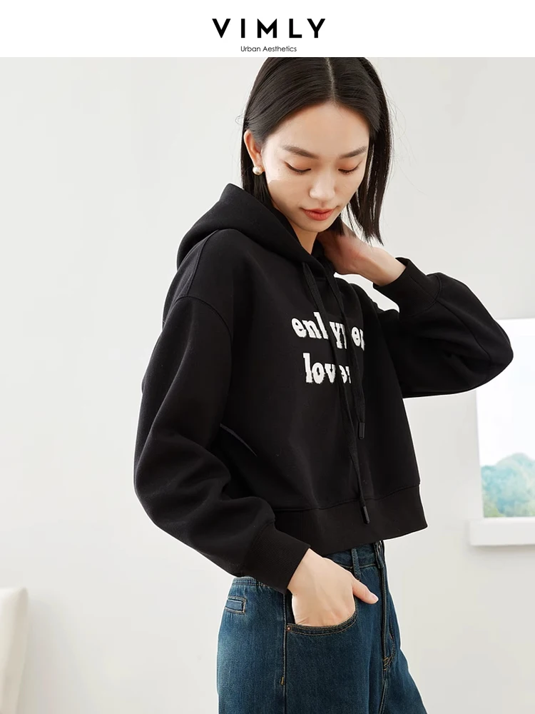 Vimly Autumn Black Hoodie Cropped Hooded Sweatshirts 2023 Fall Letter Printed Casual Loose Pullover Long Sleeve Top Female M5225