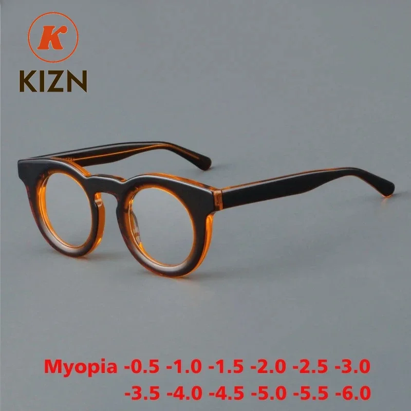 

KIZN Thicken Acetate Myopia Eyewear Frames Men Women Vintage Round Optical Glasses Fashion Prescription Eyeglass -0.50 to