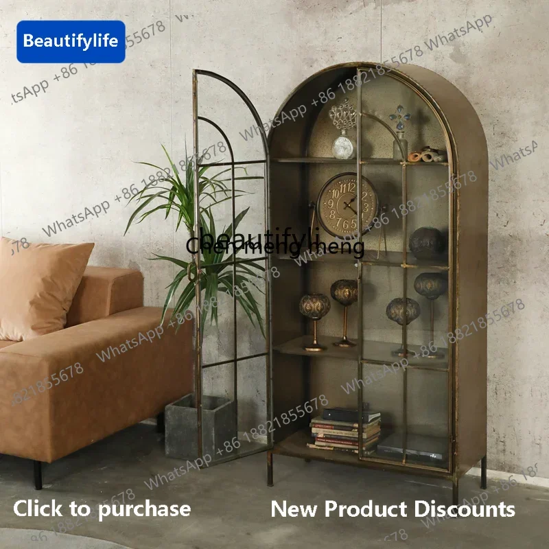 183F American retro creative furniture wrought iron bookcase metal old dining side cabinet, multi-layer locker double door