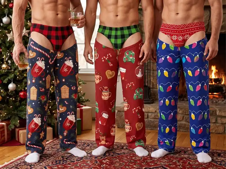 2026 Autumn Funny Christmas 3D Print Pajama Pants for Men Green Plaid Fake Butt Underwear Graphic Lounge Trousers Christmas Gift