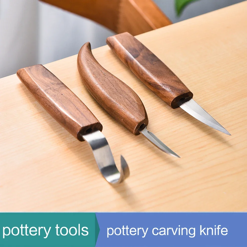 3Pcs Set High Hardness Pottery Tools Carving Knife Clay Elbow Scraper with Wooden Handle Mud Cutter for Clay Sculpting