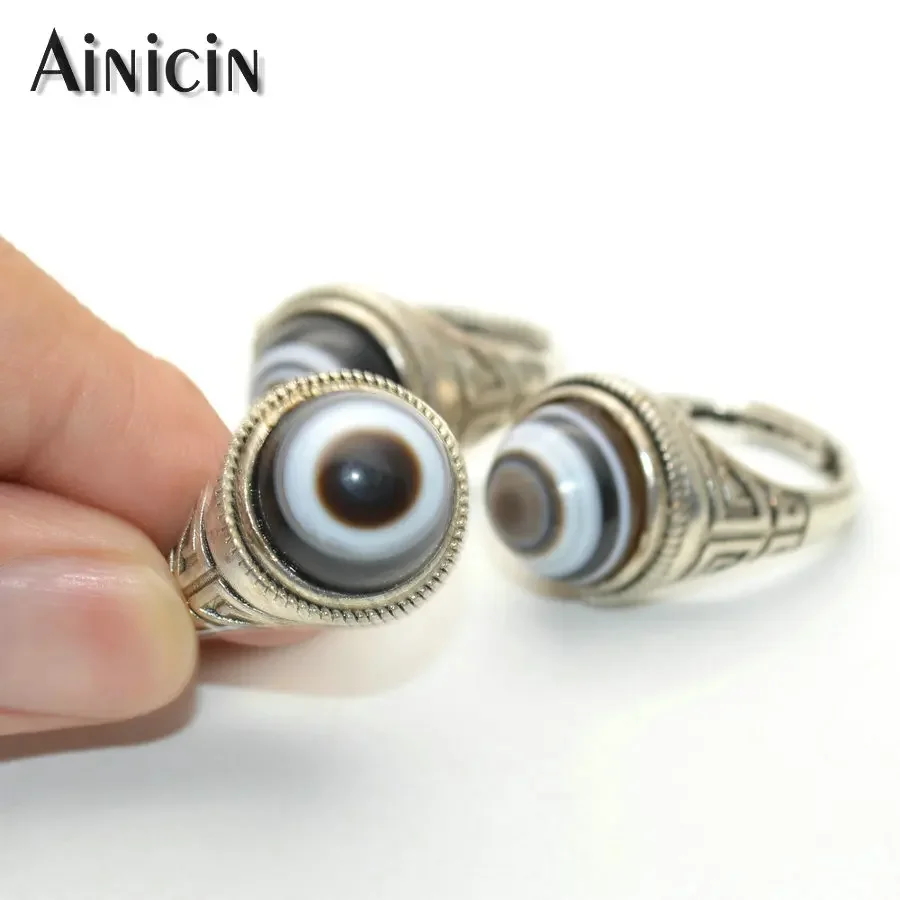 Natural Black Agate Single Eyes Tibetan Dzi Beads Ancient Silver Color Adjustable Finger Rings For Men\'s Wild Jewelry Gift
