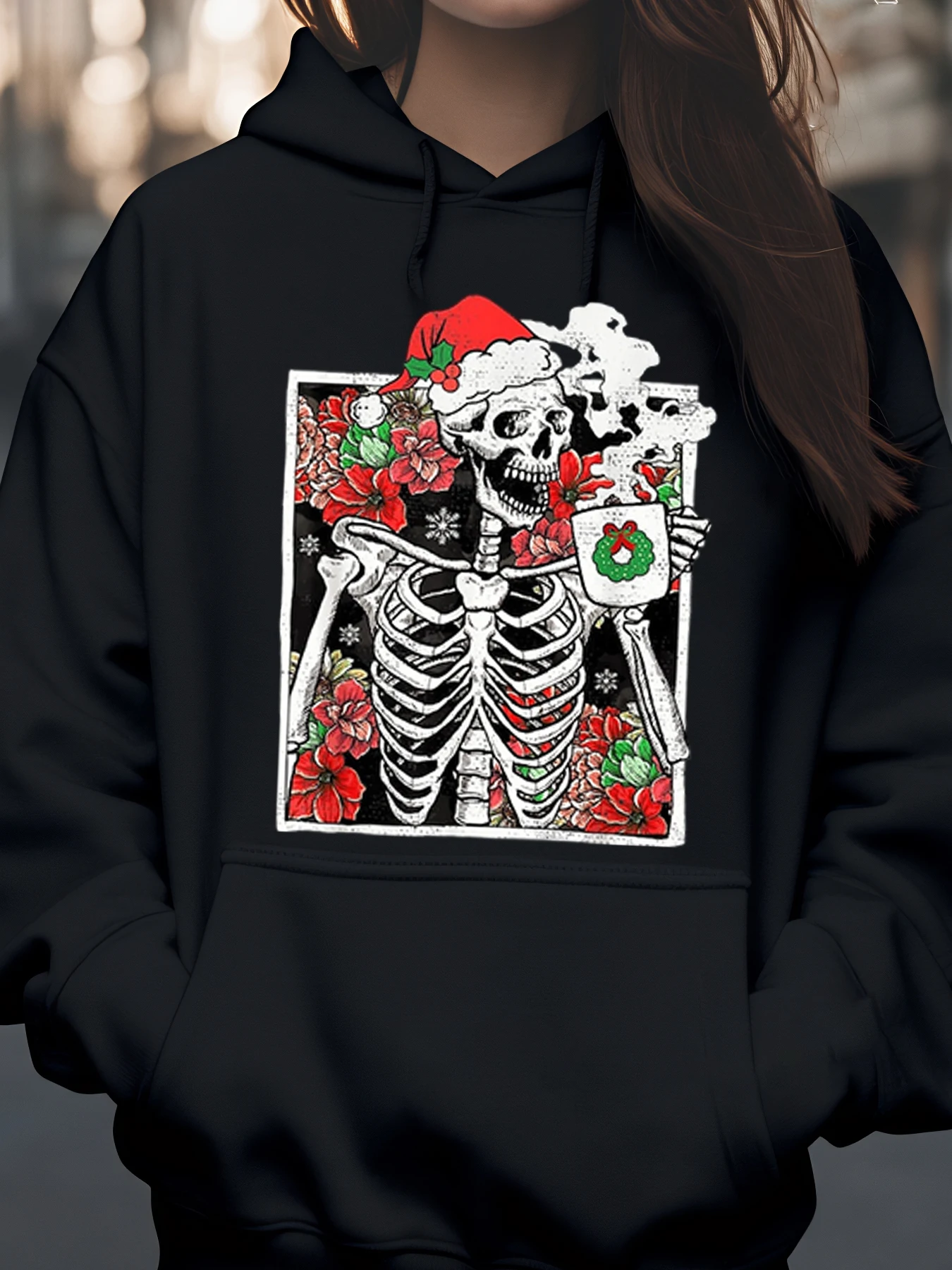 

Рождественская толстовка со скелетом в шляпе Санта-Клауса и цветами для женской праздничной одежды
