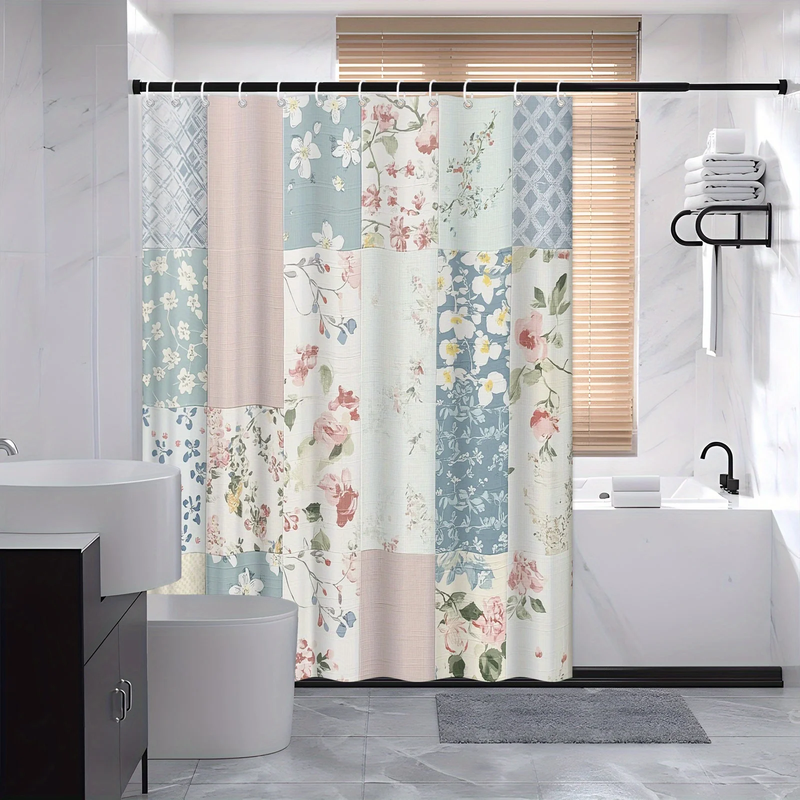 

Винтажная стеганая занавеска для душа с цветочным принтом — мягкая пастель, романтический дизайн, полиэстер, 12 крючков, 70,8x70,8 дюйма, декор для ванны