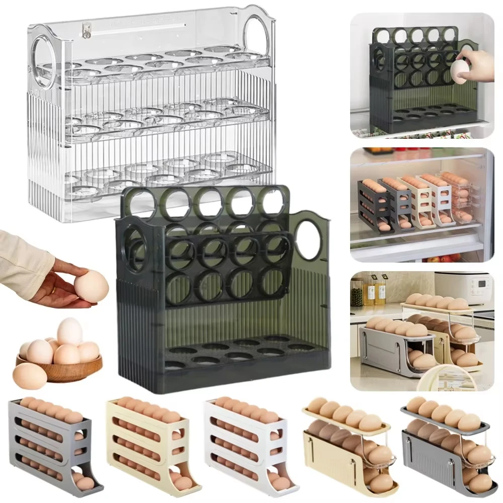 Egg Storage Box Egg Case Holder Large Capacity Egg Tray Organizer Household Space-Saving Eggs Rolling Rack for Refrigerator