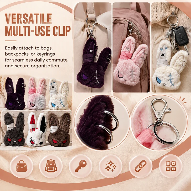 Multi-Color Gothic Bunny Plush Keychain, Punk Stitched Rabbit with Bendable Wire Ears & Bandage Wrap Bag Decor