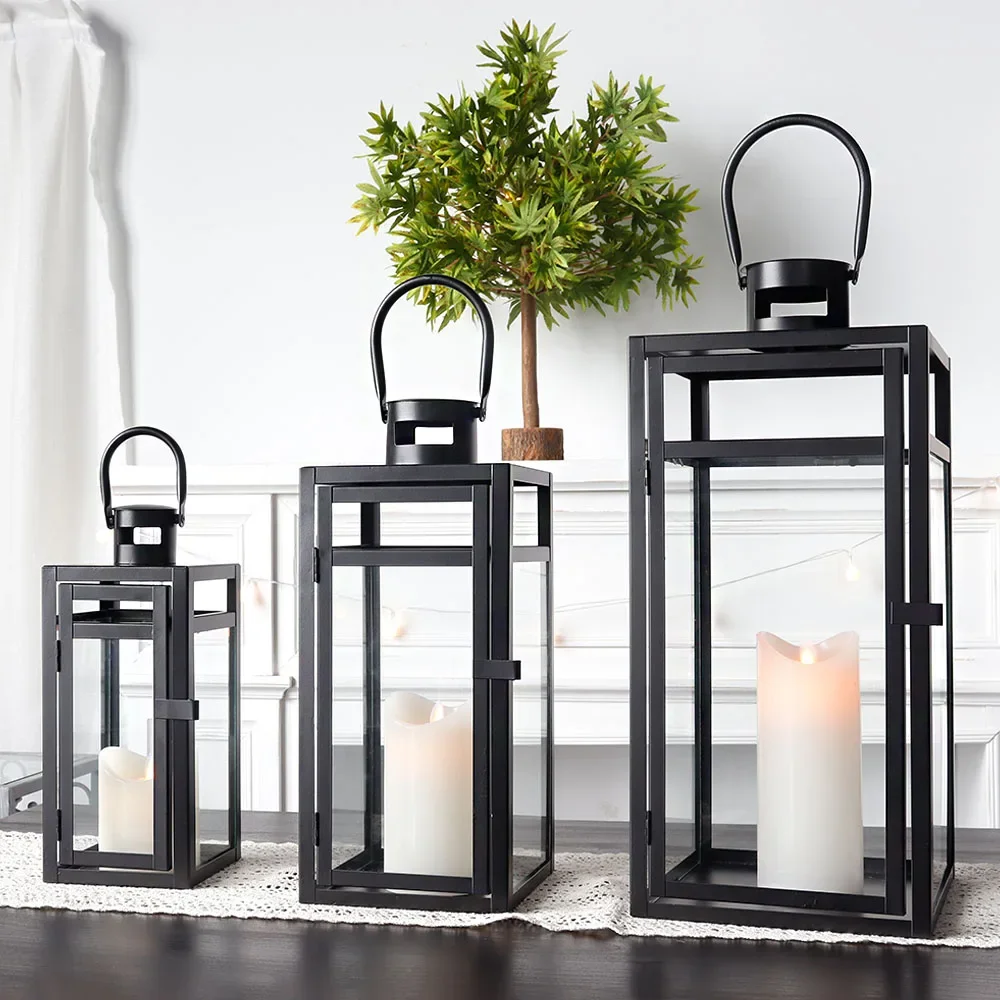 Modern Large Black Lantern Garden Hanging Metal Candle Holder Home Outdoor Decorative Lanterns For Candle