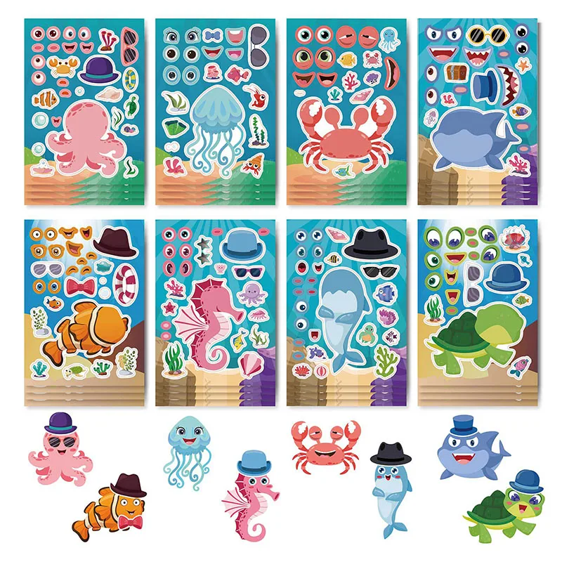 Children Creative Make Your Own Marine Animal Worlds Stickers 6-24Sheets Cartoon Shark Tortoise Make A Face Stickers for Kids