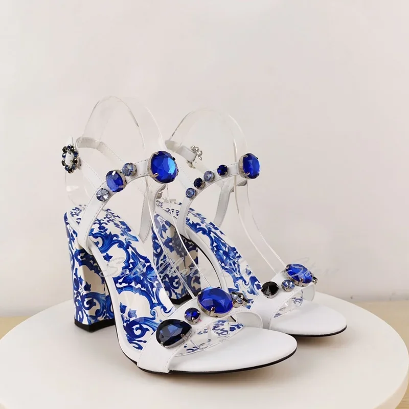 

Women's Summer Blue Crystal T-Strap Stiletto Heel Sandals Elegant Gem Printing Pattern Dress Shoes Retro Party Lady Sandals
