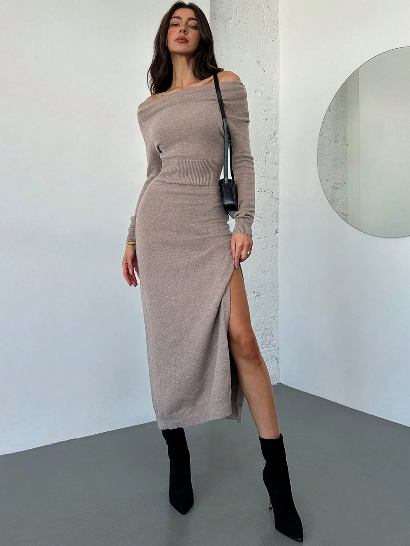

Off-Shoulder Knit Bodycon Dress with Side Slit for Women