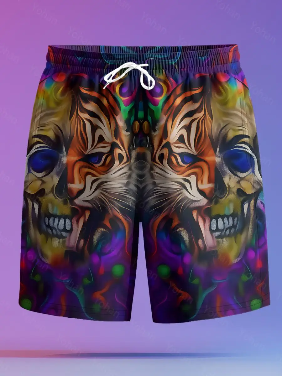 Man Color Tiger Skull Print Quick Dry Swim Shorts Elastic Drawstring Men Summer Hawaii Street Surf Beach Shorts