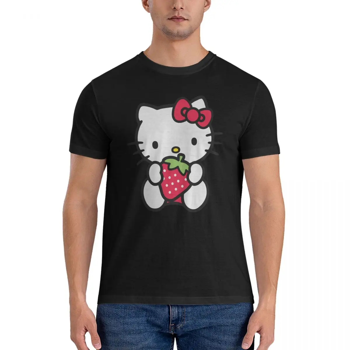 Men Strawberry T Shirt Hello Kitty Pure Cotton Tops Vintage Short Sleeve O Neck Tee Shirt New Arrival T-Shirt