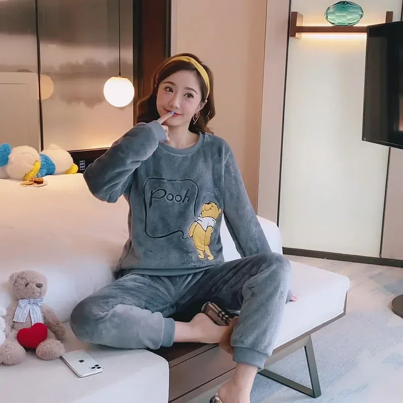 2Pcs/set facecloth ladies student pajamas women\'s round neck thickened warm cartoon bear campus homewear long sleeve long pants