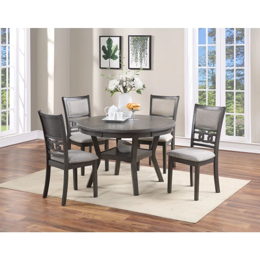 

Contemporary Dining 5pc Set Round Table w 4x Side Chairs Grey Finish Rubberwood Unique Design