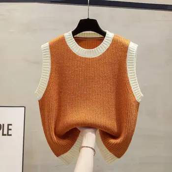 여성 라운드넥 니트 조끼, 루즈핏 겉옷 탱크탑, 배색 레이어드 스웨터, 2024 용수철 가을 신상