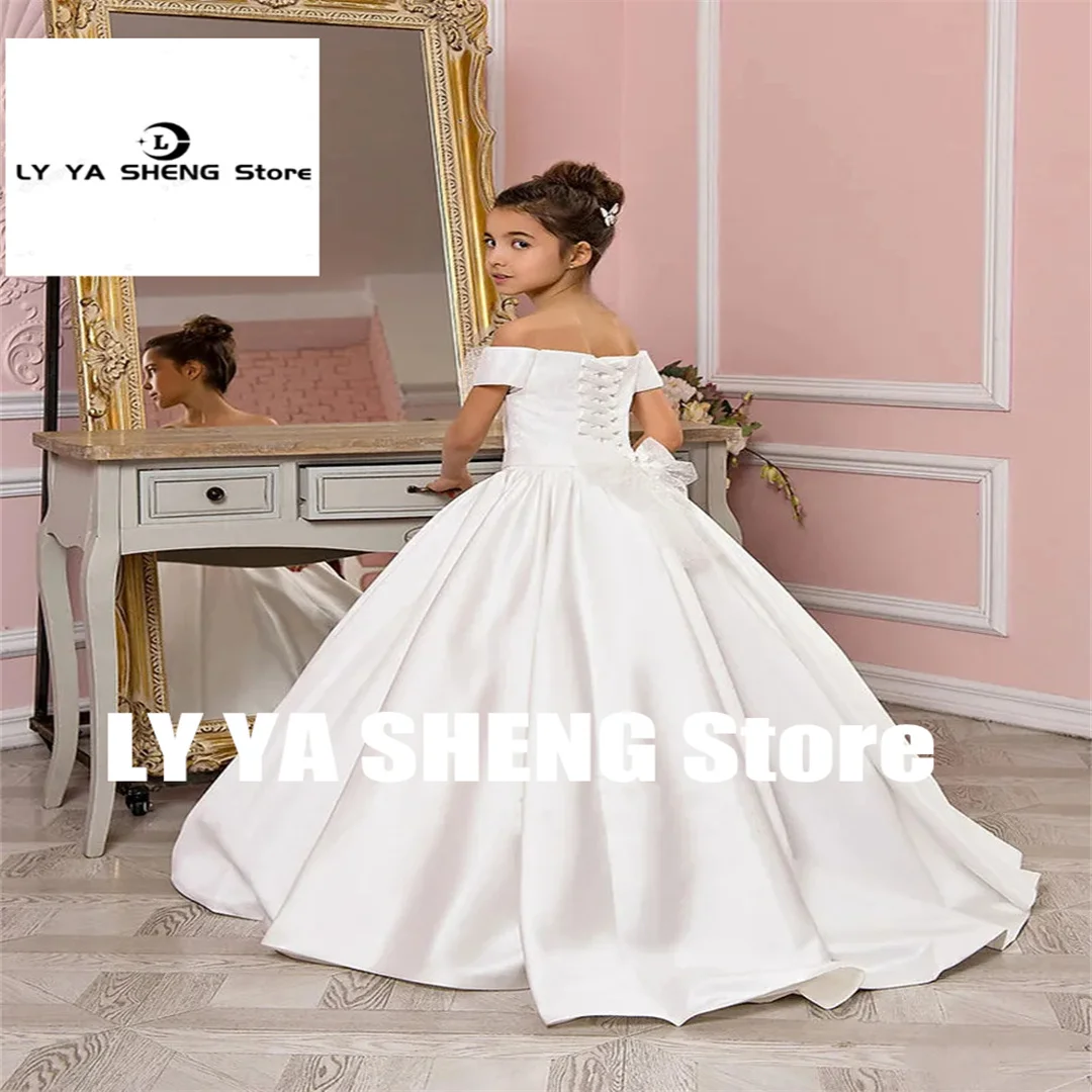 

Communion Flower Girl Dress For Wedding Elegant Off The Shoulder White Satin Baby Birthday Party Puffy Princess First Communion