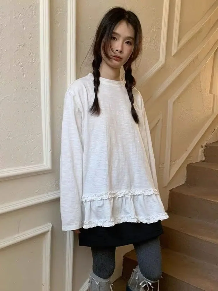 Women T Shirts Patchwork Long Sleeve Autumn New Fashion Loose Ruffles Solid Tops Y2k Aesthetic Female Casual Tee Shirt