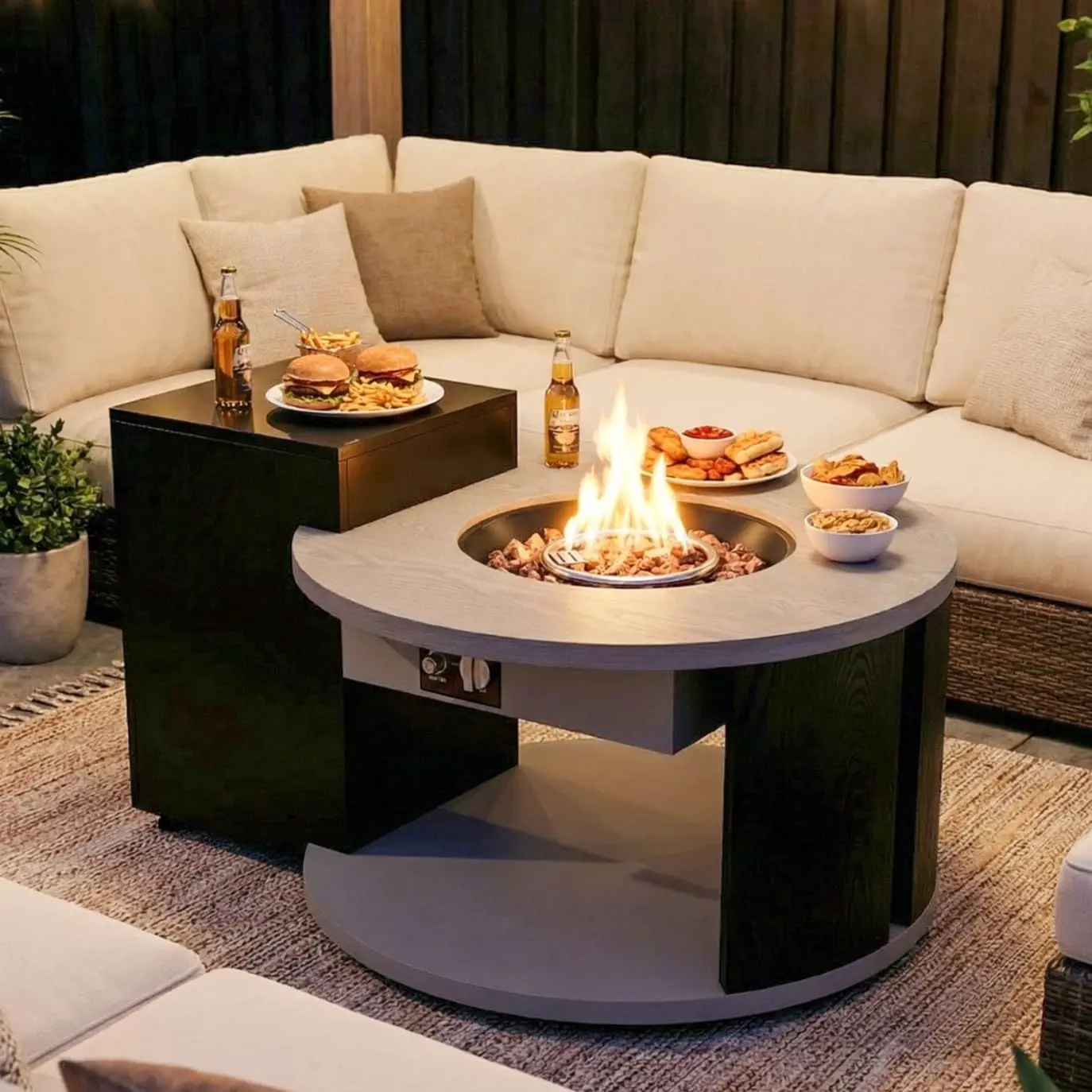 50,000 BTU Round Propane Gas Fire Pit Table, Smokeless Table Top Firepit with Storage Cabinet & Open Shelf, Stainless