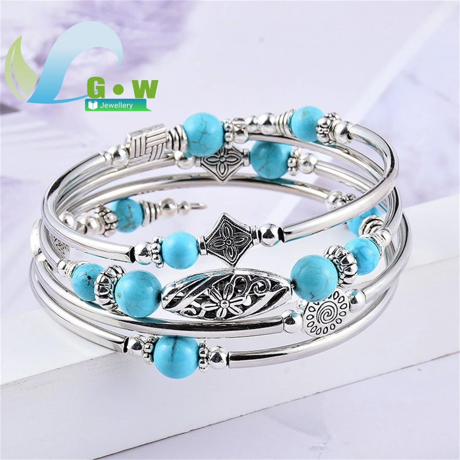Blue Vein Stone Natural Turquoise Woven Bracelet Volcanic Stone Multi Layer Bangle for Women Vintage Jewelry Anniversary Gift
