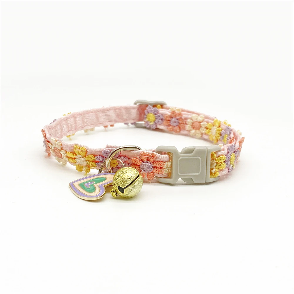 Crochet Flower Cat Collar With Bell Pendant Adjustable Safety Breakaway Buckle Cute Lace Pet Collar For Kitten Small Dog