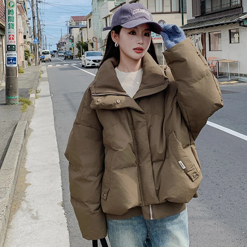 

Korean Stand Collar Parkas for Women Khaki Loose Thicken Warm Parka Jacket Woman Winter Button Zipper Up Outwear Female