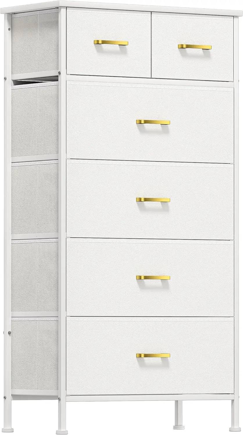 

6 Drawers, Storage Tower White Dresser for Closet, Living Room, Nursery, Office, Chest of Drawers with Metal Handle, Leather