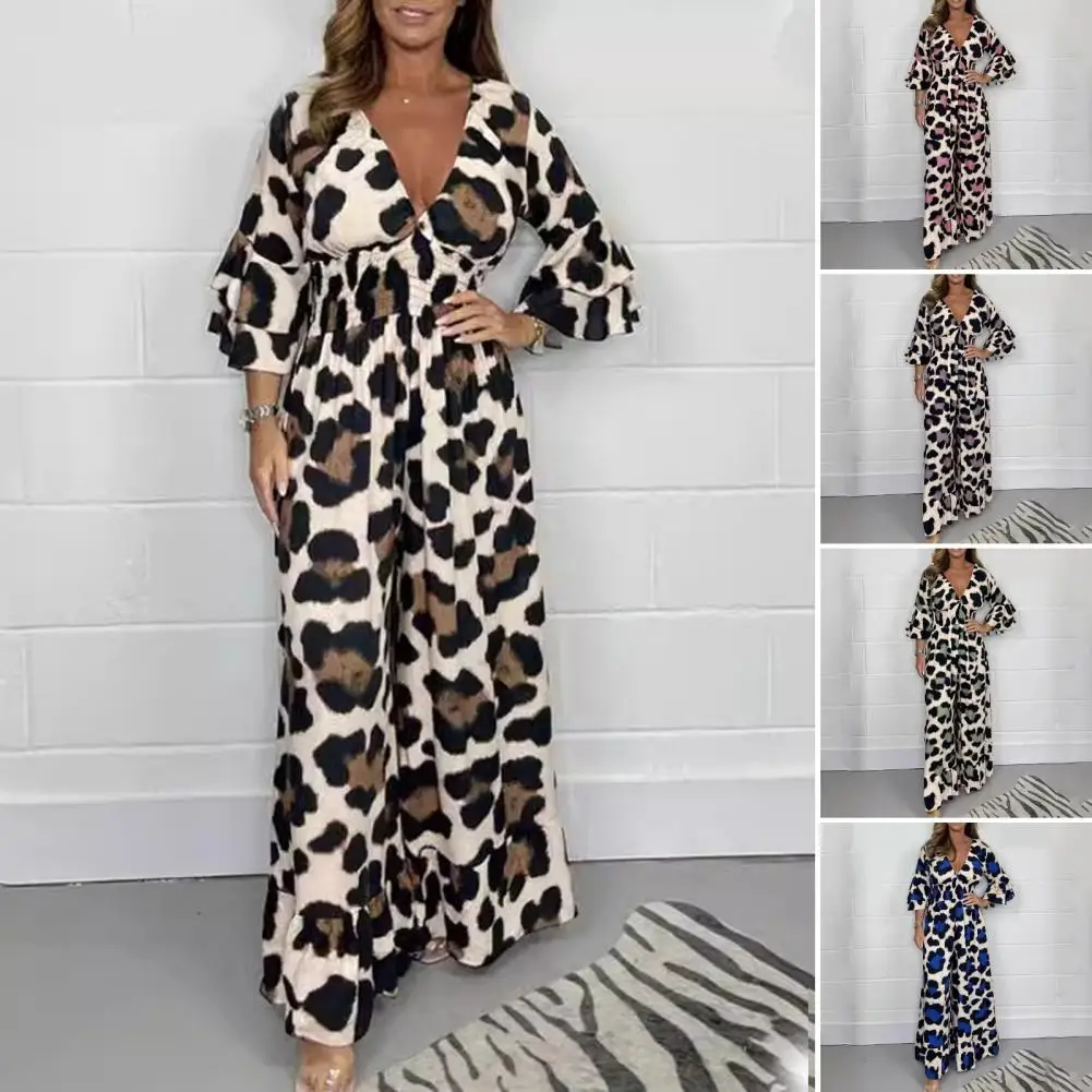 

Women One-piece Jumpsuit Leopard Print Wide Leg Jumpsuit for Women with V Neck Ruffle Patchwork Plus Size High Waist for Commute