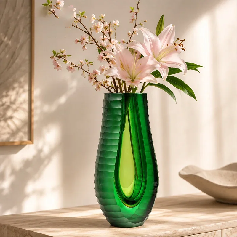 Emerald Green Glass Vase Retro Artistic Water Drop Shape Miniature Vase For Home Art Shelf Office Dried Flower Decor Wholesale