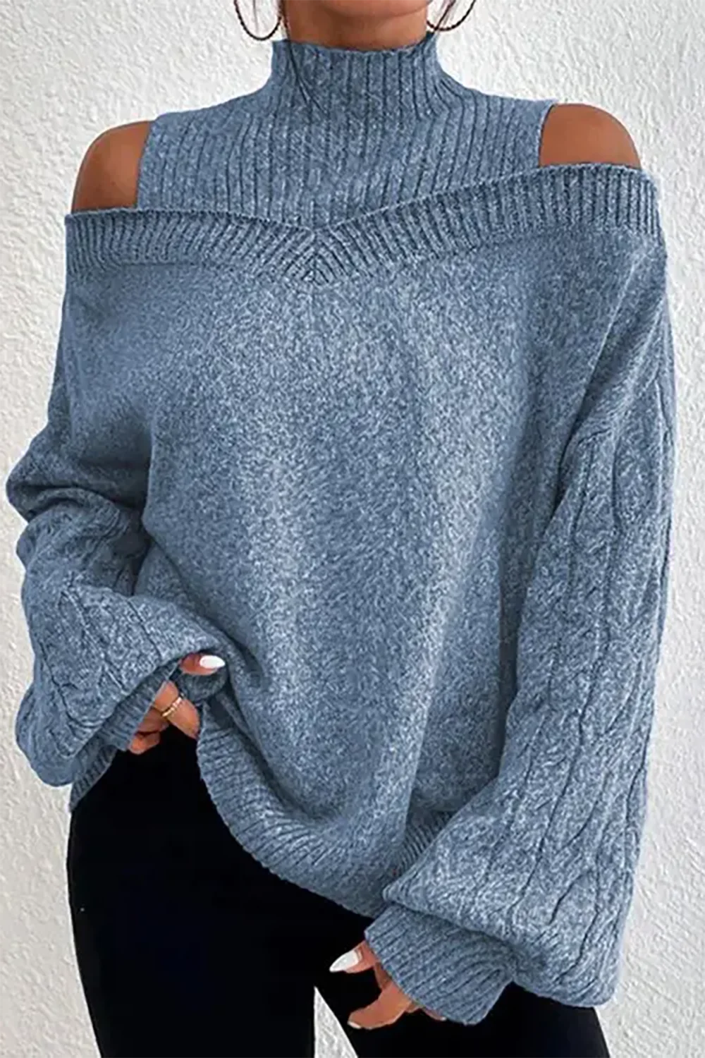 

Plus Size Casual Sweater Black Cable Knit Lantern Sleeve Cold Shoulder Sweater