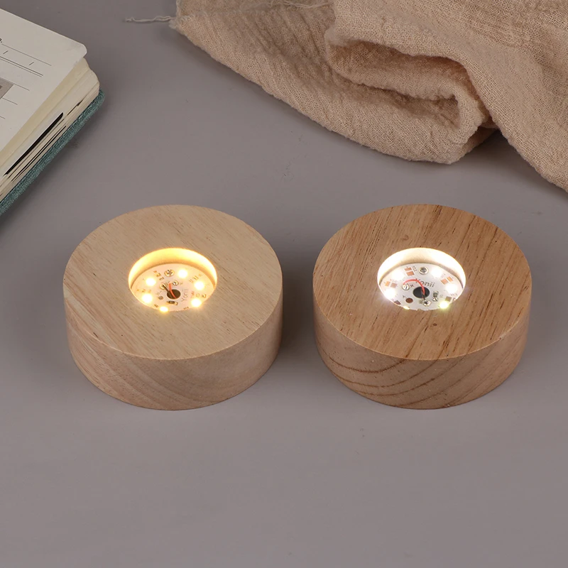 Battery Operated 8/10cm Round Wooden LED Light Dispaly Base Stand Holder Table Night Lamp Base Crystal Glass Art Ornaments