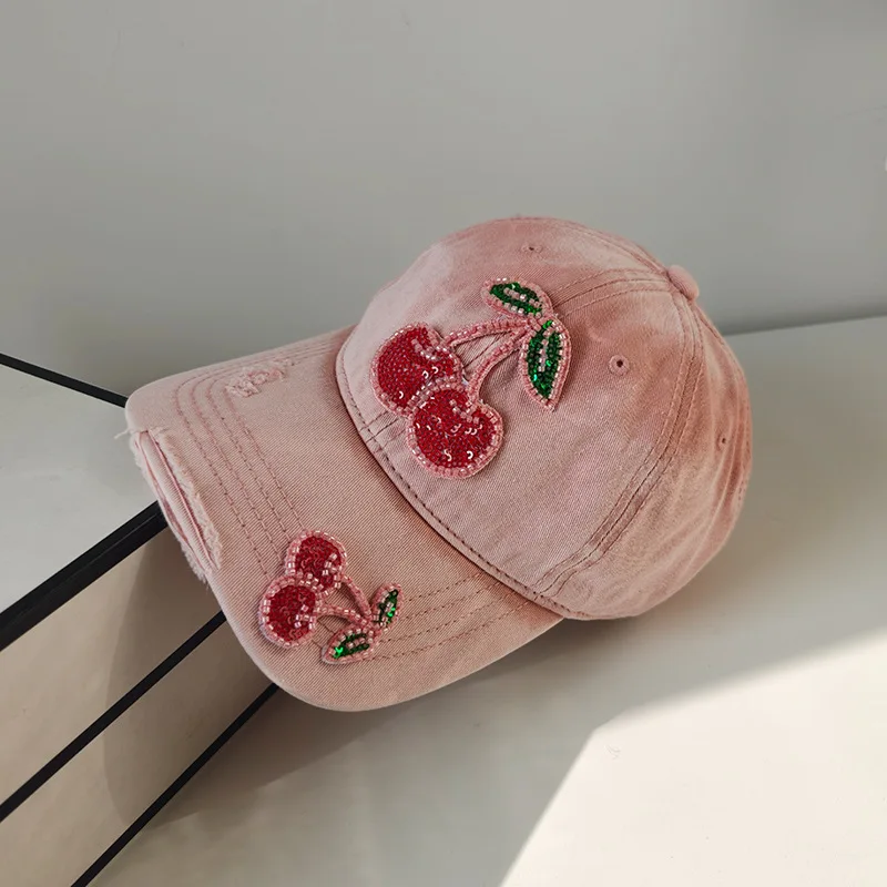 Baseball Cap Women Pink Cherry Curve Bill Fitted Hat Sun Protection Accessory For Golf Holiday Running Sports Beach Outdoor