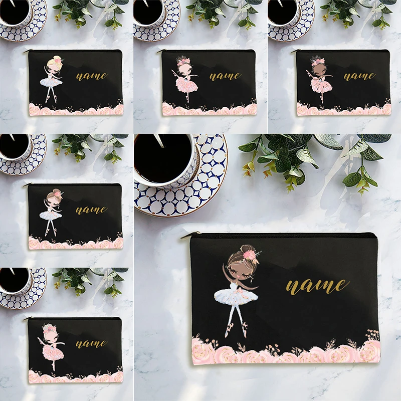 Personalized Ballet Girl Name Floral Makeup Bags Custom Text Logo Women's Cosmetic Bag Pencil Pouchs Teacher Bridesmaid Gifts