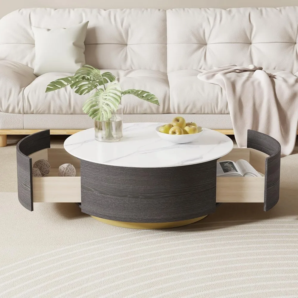 Modern Round Marble Coffee Table with Drawers,33.47" White Sintered Stone Drum Storage Coffee Table,Round Center Coffee Table