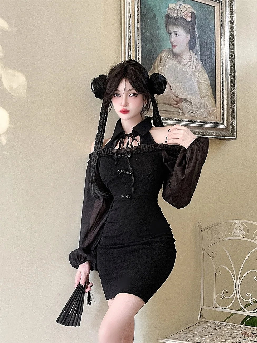 

Осень-зима Новый Sle Lantern Sve Vintage Improved Long Sve Base Dr Slim Pure Desire Wraparound Dr...