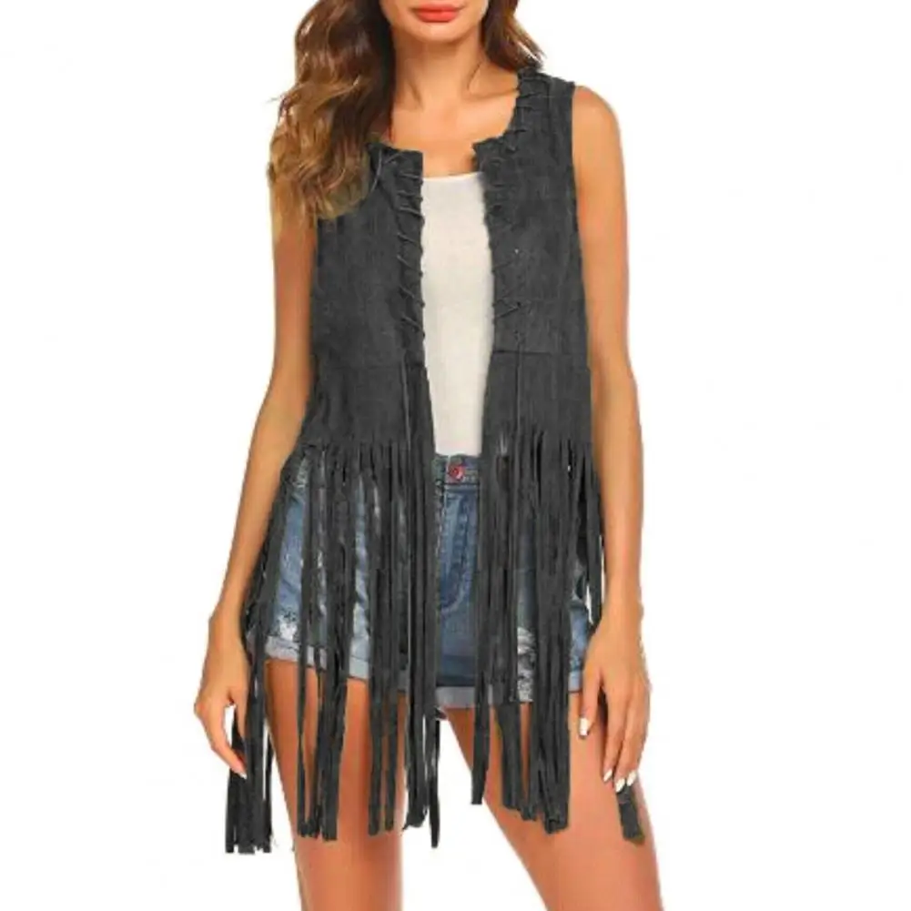 Women Mid Long Vest Vintage Fringed Suede Vest Women\'s Open Front Hollow Hole Waistcoat Chic Streetwear with Long Tassels Solid