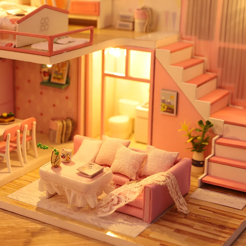 

3D Diy Doll House Kit Dollhouse Accessories with Dust Cover Smart Fun House Diy House Creative Handmade Gifts Wooden Dollhouse