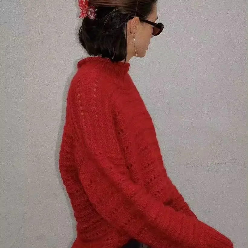 High Neck Fluffy Pullover, Loose Sweater, Casual Coat, Lazy Open Hole, Handmade Knitted Shirt, Red, Spring and Autumn, New, 2024