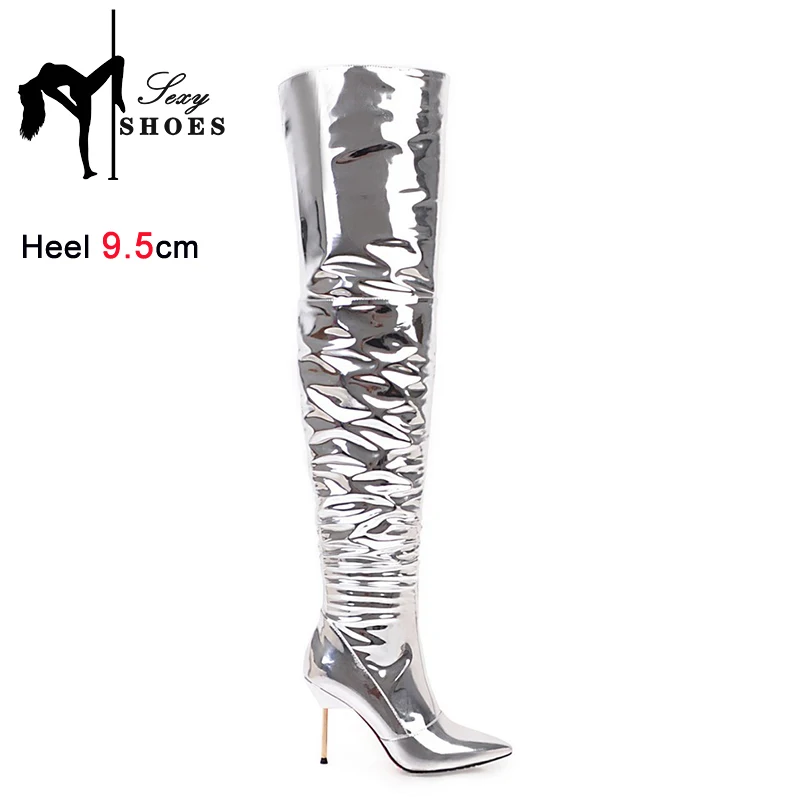 Silver Thigh High Boots Ladies Fetish High Heels Nightclub Over Knee Dancing Shoes Big Size 43 Winter Pointy Toe Boots For Women