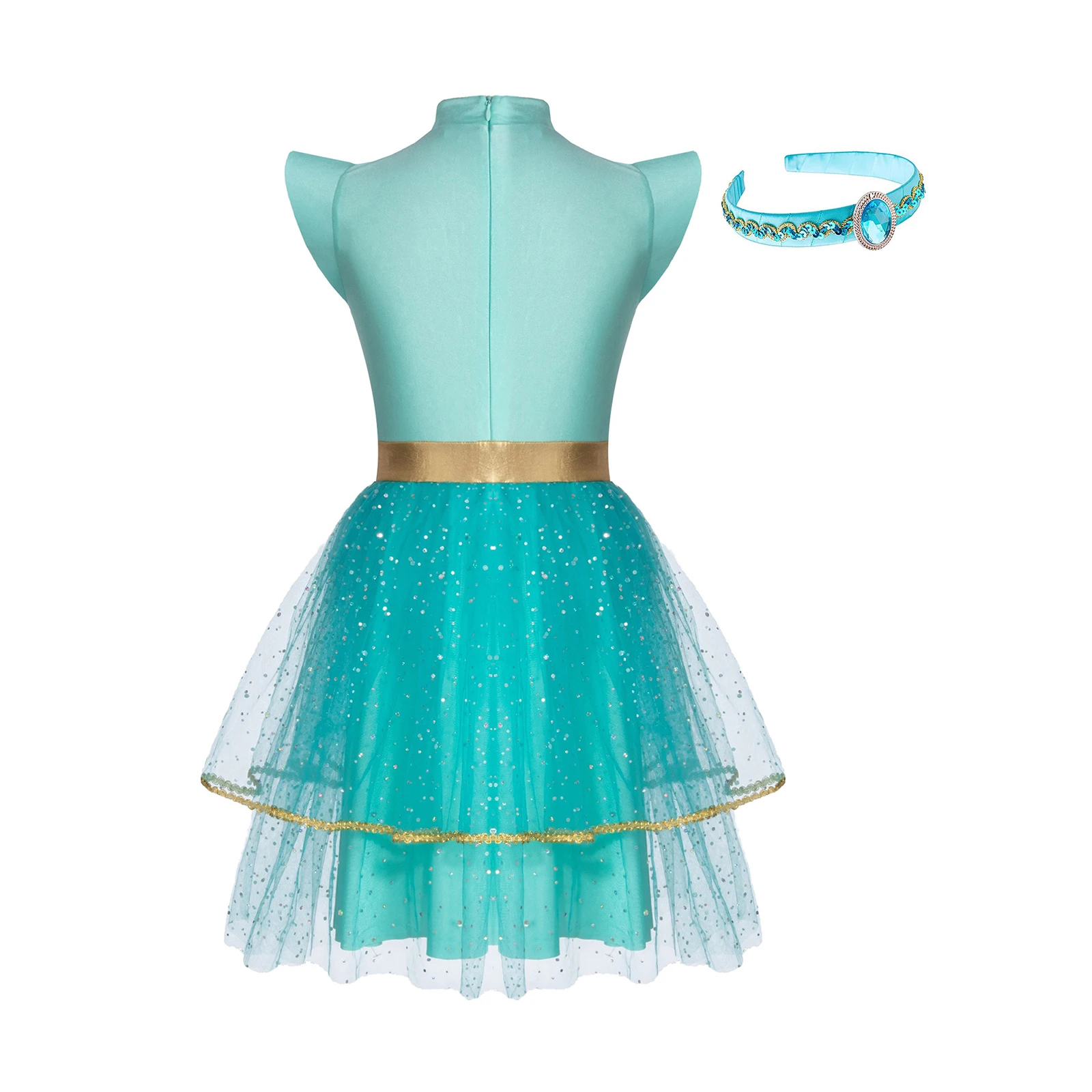 Gaun Cosplay Putri Melati Anak Perempuan Kostum Dongeng Arab Halloween Tutu Lapisan Jaring Payet dengan Ikat Kepala Permata