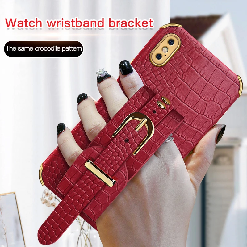 Wristband Wrist Strap Crocodile PU Leather Soft Phone Case For IPhone XS Max X XR Anti-Drop Holder Stand Cover Silicone Cases