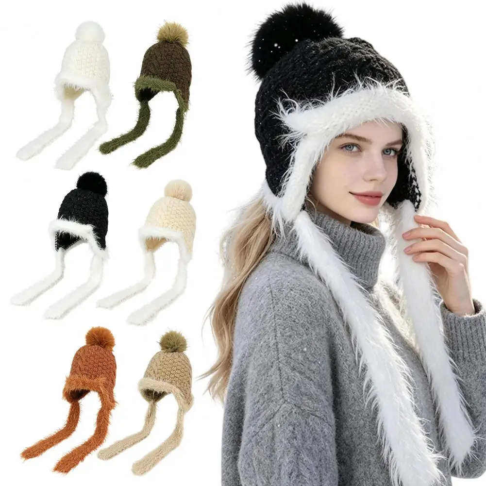 Warm Ear Protection Cap Women’s Knitted Earflap Hat with Fuzzy Trim Pompom Soft Warm Winter for Outdoor Cycling for Women