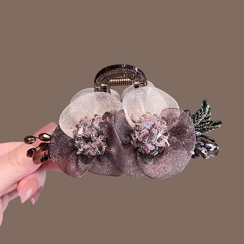 Super Fairy Mesh Flower Hair Clawsfor Women New Style Water Diamond Hairpin Back Head Hair Shark Clip Women Hair Accessories