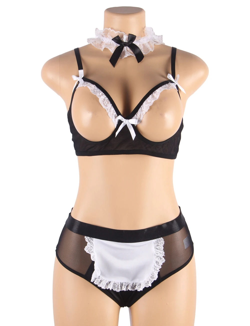 

Comeondear Cosplay Lingerie Erotic Maid Costume Sexy Hollow Bra Panties Black White Pajama Bare Breast Women Underwear Uniform