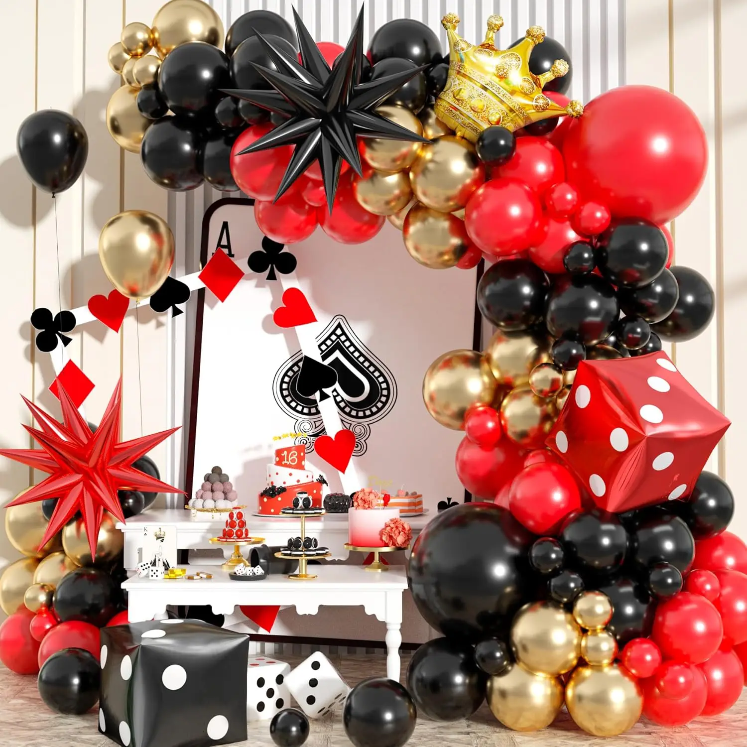 Gambling Theme Balloon Arch Set, Red Black and Gold Metal Latex Balloon Garland Set with Dice Crown Explosive Stars Suitable for Women and Men's Casino Night Las Vegas Birthday Graduation Party Decoration