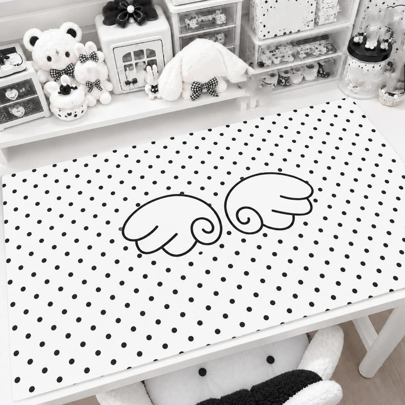 Leather PU Desk Pad Protector Girl Heart Pink Wings Polka Dots Kawaii Mouse Pad Office Desk Mat Waterproof PU Desk Blotter Pad