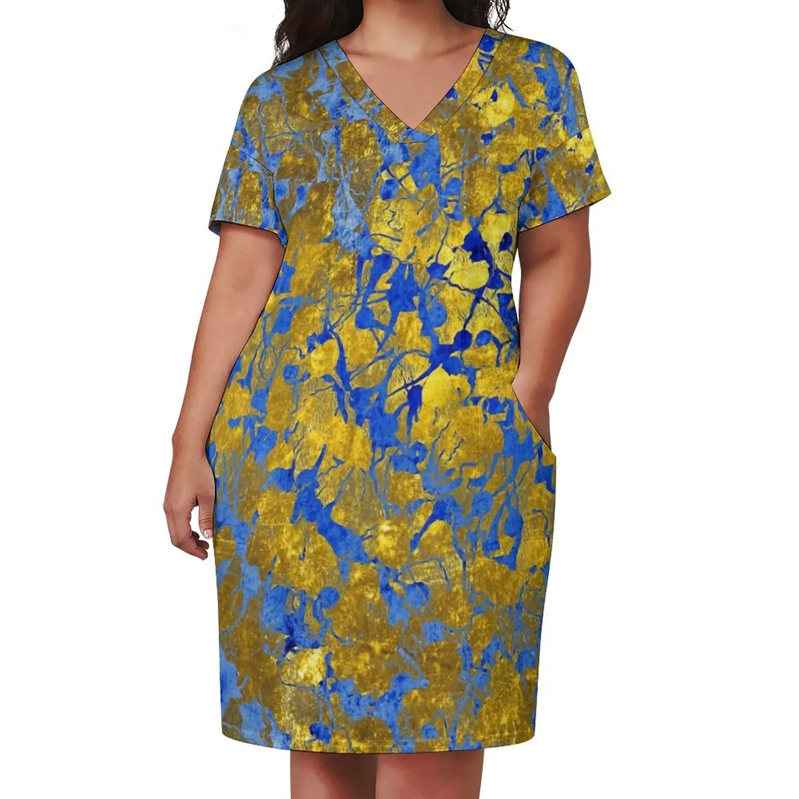 Blue Splash on Gold Loose Pocket Dress clothes for women women